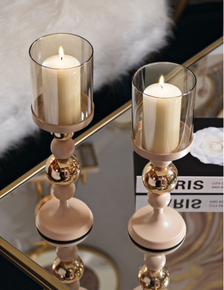 Photophore sur pied moderne chic Métal Rose Doré Verre Transparent Glassy (Lot de 2) 