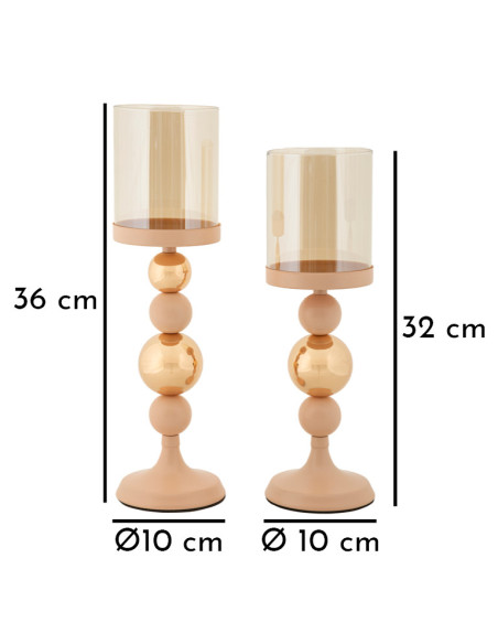 Photophore sur pied moderne chic Métal Rose Doré Verre Transparent Glassy (Lot de 2) 