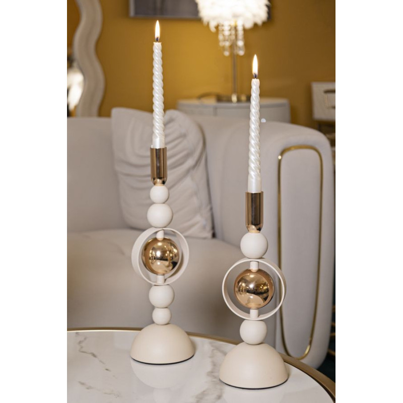 Bougeoir design chic Métal Blanc crème Doré Verre Transparent Saturno (Lot de 2) 