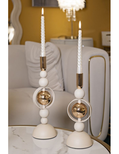 Bougeoir design chic Métal Blanc crème Doré Verre Transparent Saturno (Lot de 2) 