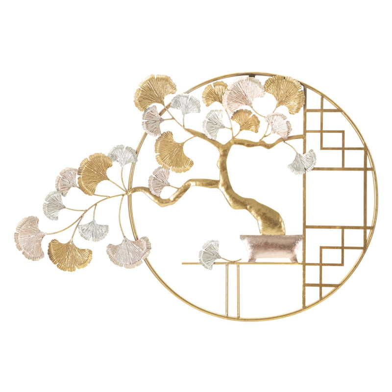 Décoration murale japonaise chic Bonsaï 91x63 Métal Doré Cuivré Blanc crème Nippon 