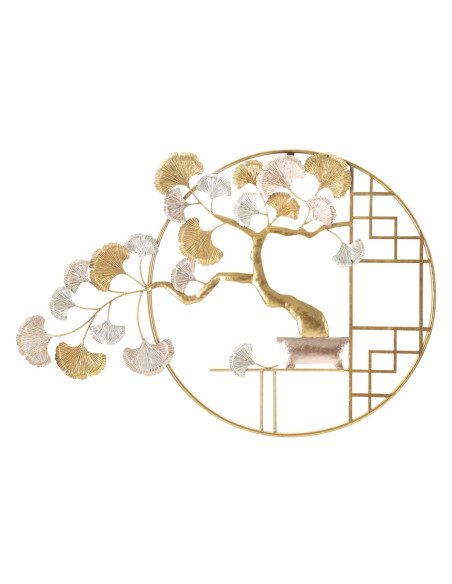 Décoration murale japonaise chic Bonsaï 91x63 Métal Doré Cuivré Blanc crème Nippon 