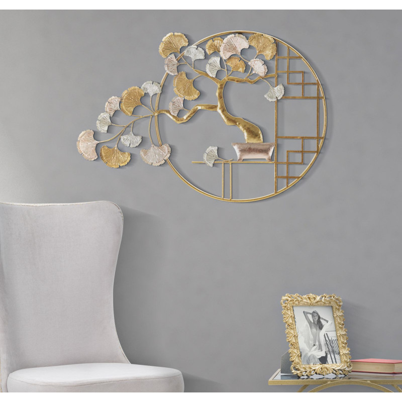 Décoration murale japonaise chic Bonsaï 91x63 Métal Doré Cuivré Blanc crème Nippon 