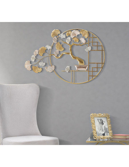 Décoration murale japonaise chic Bonsaï 91x63 Métal Doré Cuivré Blanc crème Nippon 