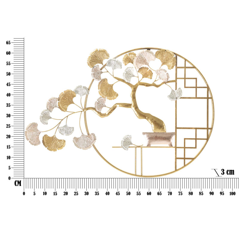 Décoration murale japonaise chic Bonsaï 91x63 Métal Doré Cuivré Blanc crème Nippon 