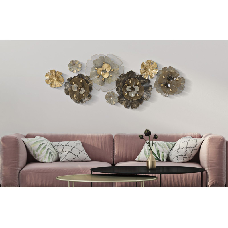 Grande Décoration murale Moderne Fleurs 149x61 Métal Marron Beige Doré Bungy 