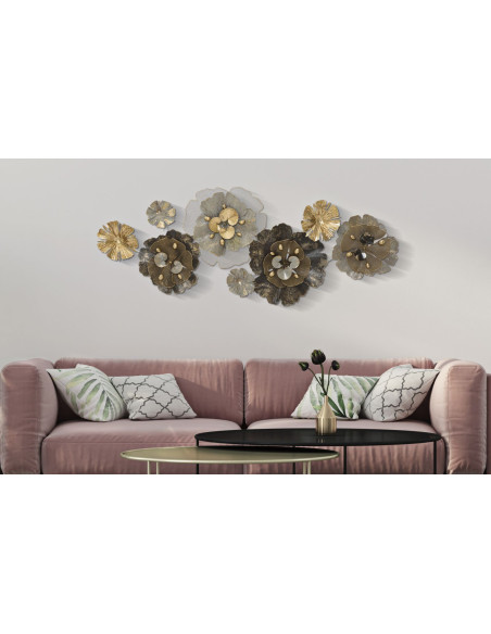 Grande Décoration murale Moderne Fleurs 149x61 Métal Marron Beige Doré Bungy 