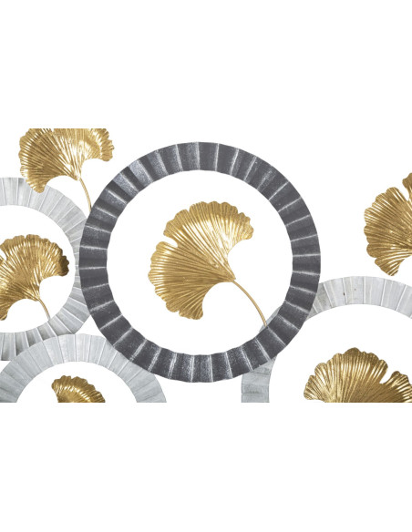 Grande Décoration murale moderne Feuilles de ginkgo 126x58 Métal Doré Gris Blanc crème Arty 