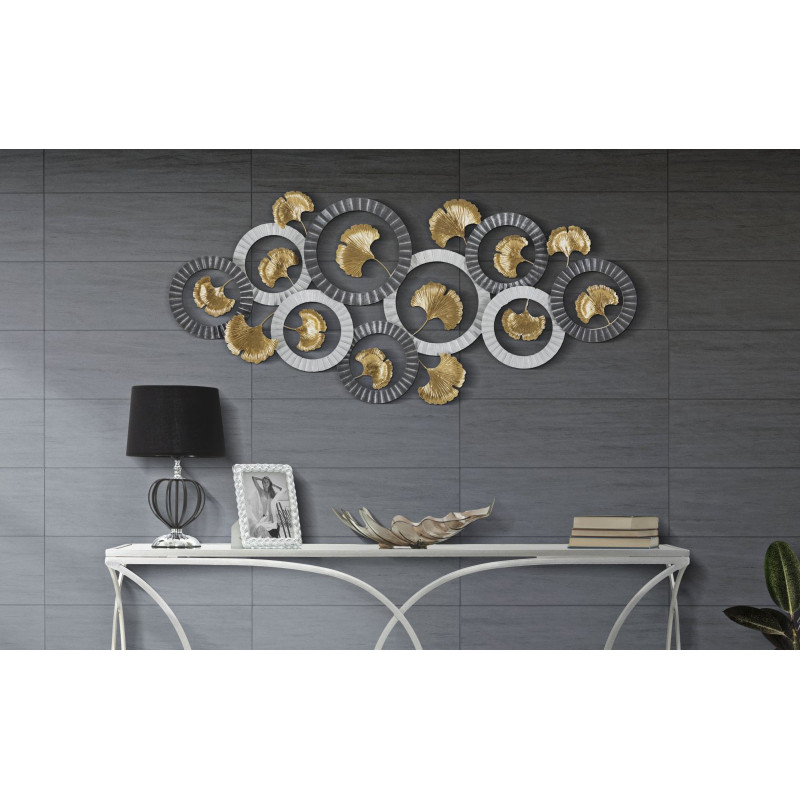 Grande Décoration murale moderne Feuilles de ginkgo 126x58 Métal Doré Gris Blanc crème Arty 