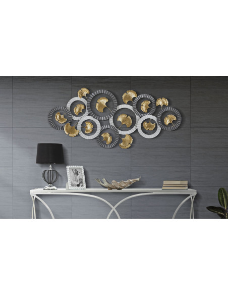 Grande Décoration murale moderne Feuilles de ginkgo 126x58 Métal Doré Gris Blanc crème Arty 