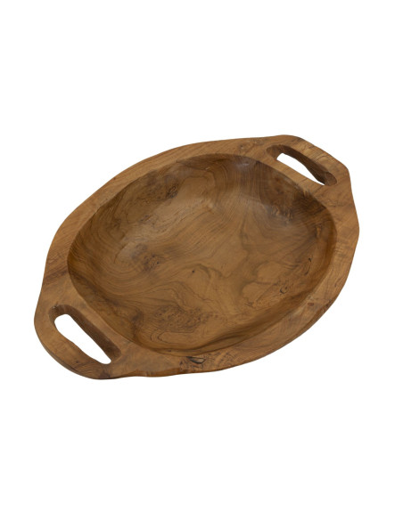 Centre de table ethnique chic 2 anses Ovale 37 cm Bois de teck recyclé Naturel Wan 