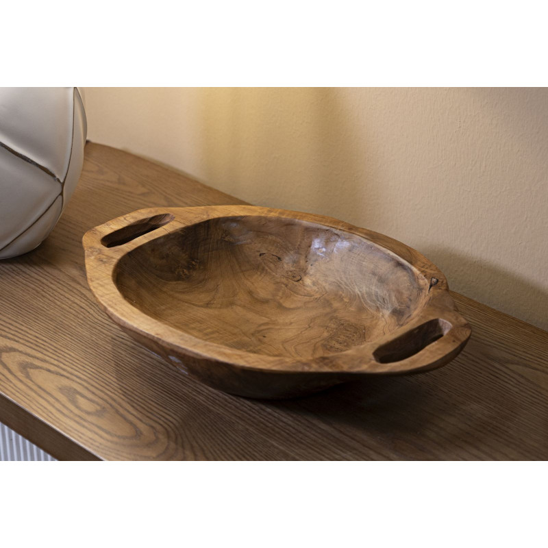 Centre de table ethnique chic 2 anses Ovale 37 cm Bois de teck recyclé Naturel Wan 