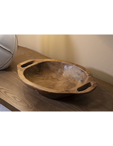 Centre de table ethnique chic 2 anses Ovale 37 cm Bois de teck recyclé Naturel Wan 