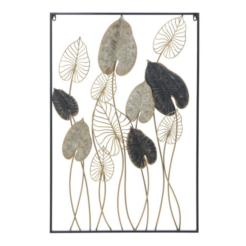 Grande décoration murale moderne Feuilles 66x100 Métal Doré Beige Noir Century 