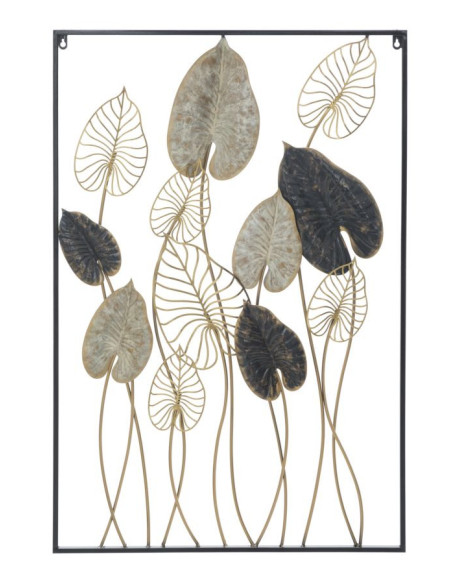 Grande décoration murale moderne Feuilles 66x100 Métal Doré Beige Noir Century 