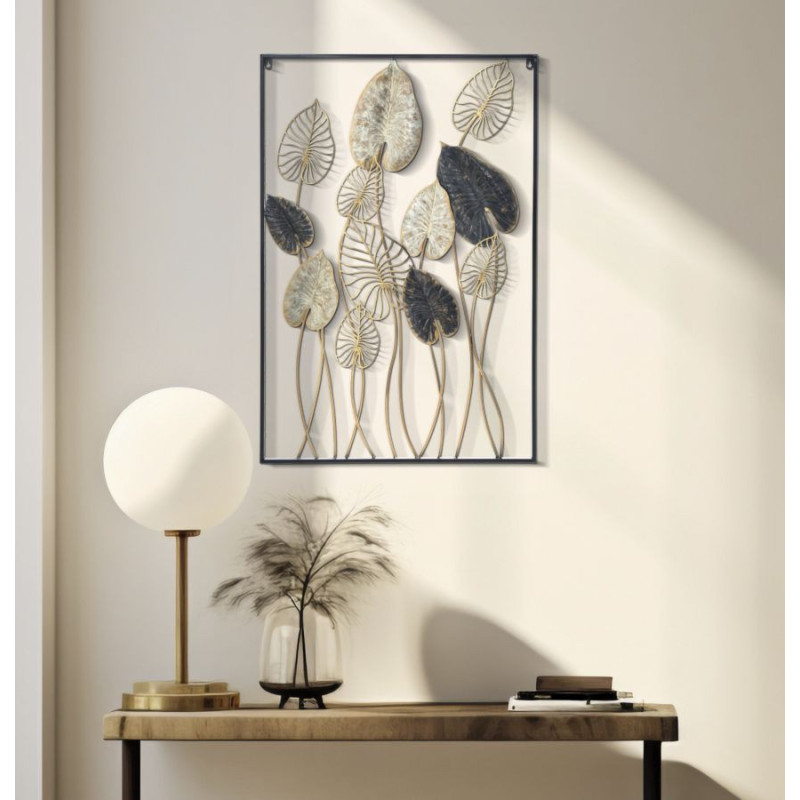 Grande décoration murale moderne Feuilles 66x100 Métal Doré Beige Noir Century 