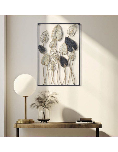 Grande décoration murale moderne Feuilles 66x100 Métal Doré Beige Noir Century 