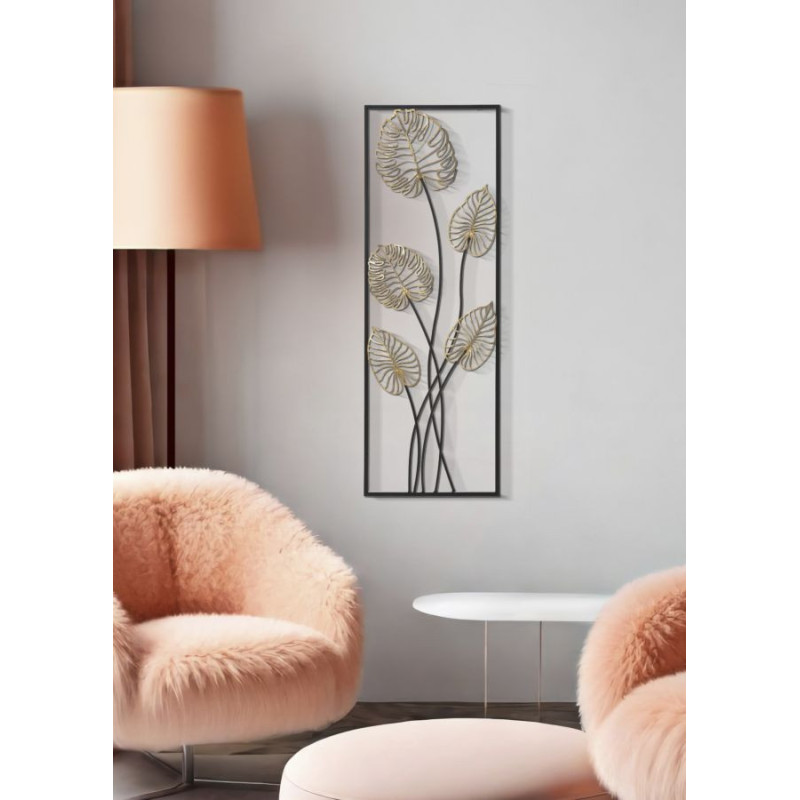 Décoration murale moderne Feuilles tropicales 31x90 Métal Doré Noir Luxy A 
