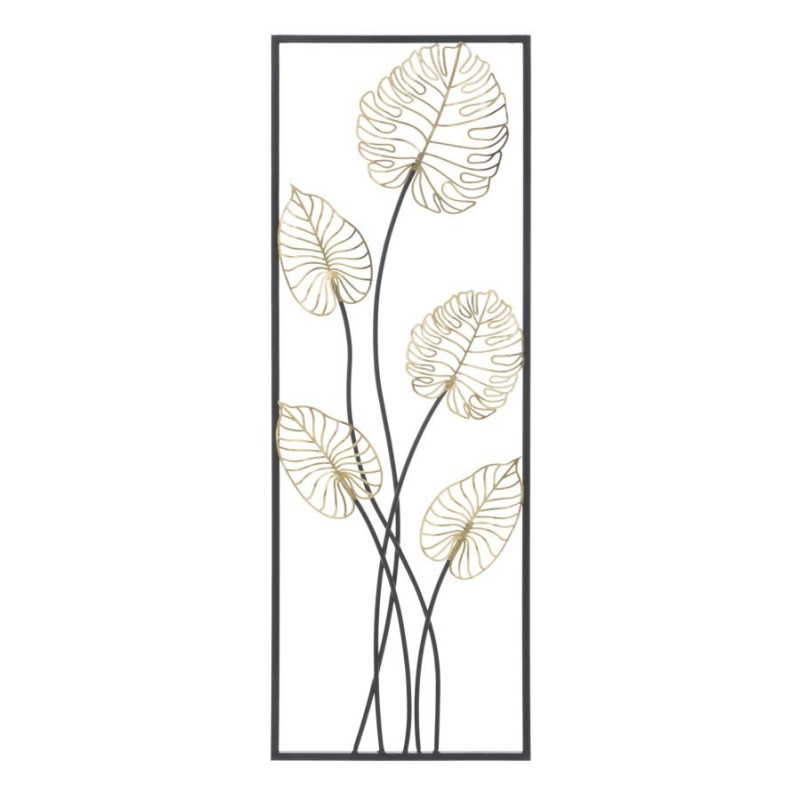 Décoration murale moderne Feuilles tropicales 31x90 Métal Doré Noir Luxy B 