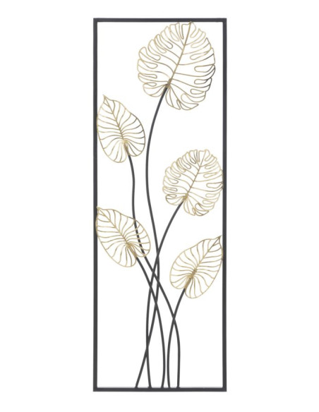 Décoration murale moderne Feuilles tropicales 31x90 Métal Doré Noir Luxy B 
