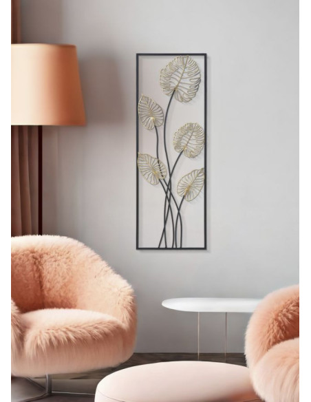Décoration murale moderne Feuilles tropicales 31x90 Métal Doré Noir Luxy B 