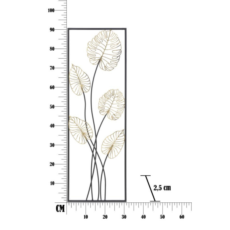 Décoration murale moderne Feuilles tropicales 31x90 Métal Doré Noir Luxy B 