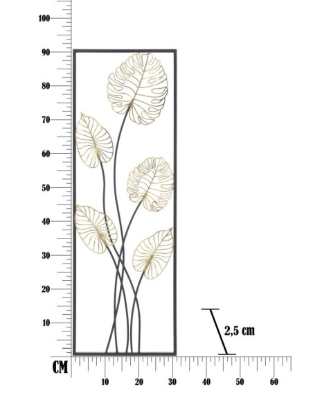 Décoration murale moderne Feuilles tropicales 31x90 Métal Doré Noir Luxy B 