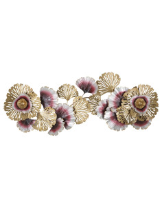 Grande Décoration murale moderne Fleurs & Feuilles 130x54 Métal Doré Rouge Blanc crème Color 