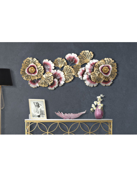 Grande Décoration murale moderne Fleurs & Feuilles 130x54 Métal Doré Rouge Blanc crème Color 