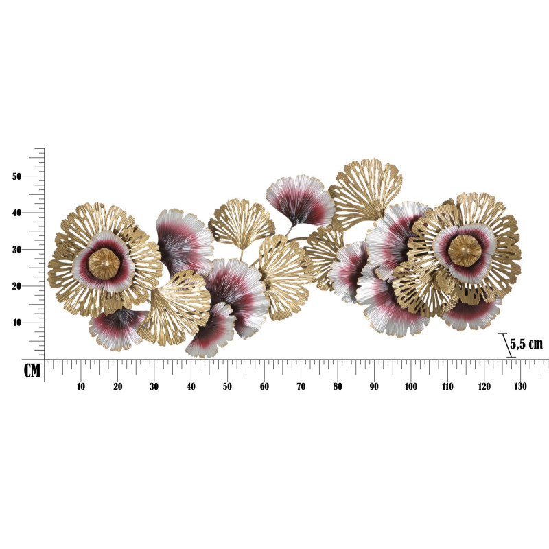 Grande Décoration murale moderne Fleurs & Feuilles 130x54 Métal Doré Rouge Blanc crème Color 