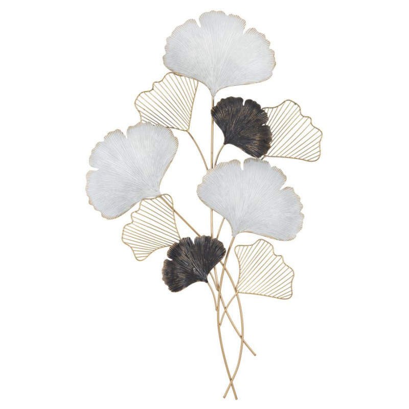 Grande Décoration murale moderne Feuilles de gingko 66x109 Métal Doré Noir Gris Ory 