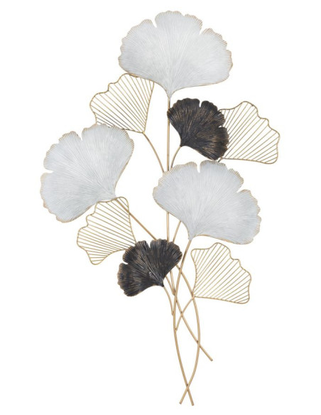 Grande Décoration murale moderne Feuilles de gingko 66x109 Métal Doré Noir Gris Ory 