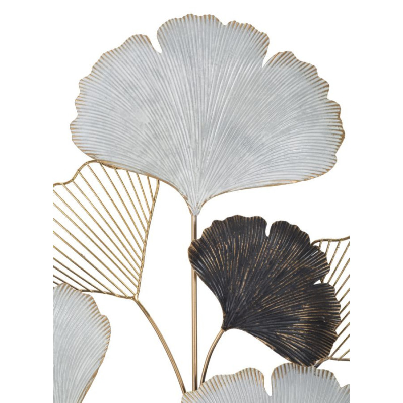 Grande Décoration murale moderne Feuilles de gingko 66x109 Métal Doré Noir Gris Ory 
