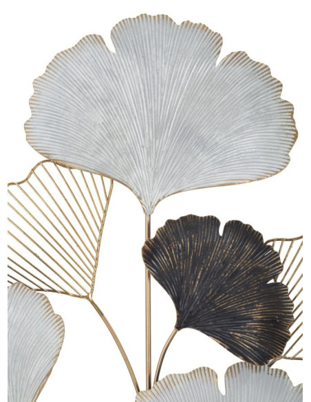 Grande Décoration murale moderne Feuilles de gingko 66x109 Métal Doré Noir Gris Ory 