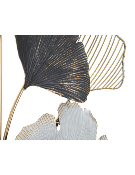 Grande Décoration murale moderne Feuilles de gingko 66x109 Métal Doré Noir Gris Ory 