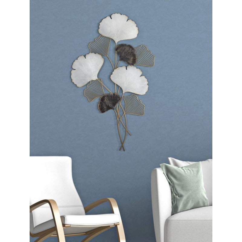 Grande Décoration murale moderne Feuilles de gingko 66x109 Métal Doré Noir Gris Ory 