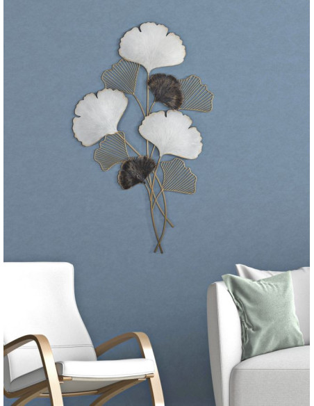 Grande Décoration murale moderne Feuilles de gingko 66x109 Métal Doré Noir Gris Ory 