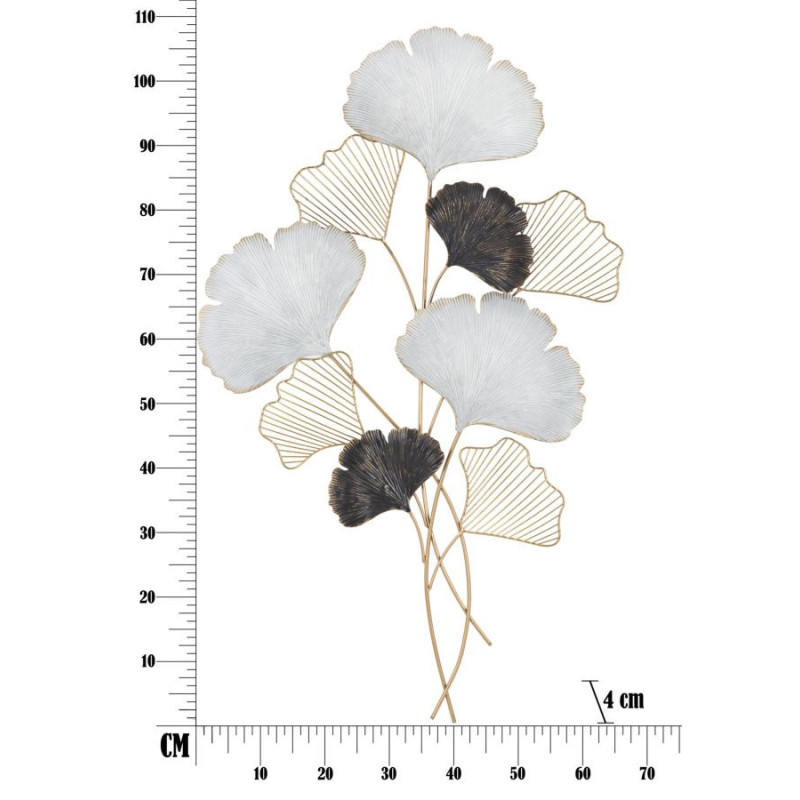 Grande Décoration murale moderne Feuilles de gingko 66x109 Métal Doré Noir Gris Ory 