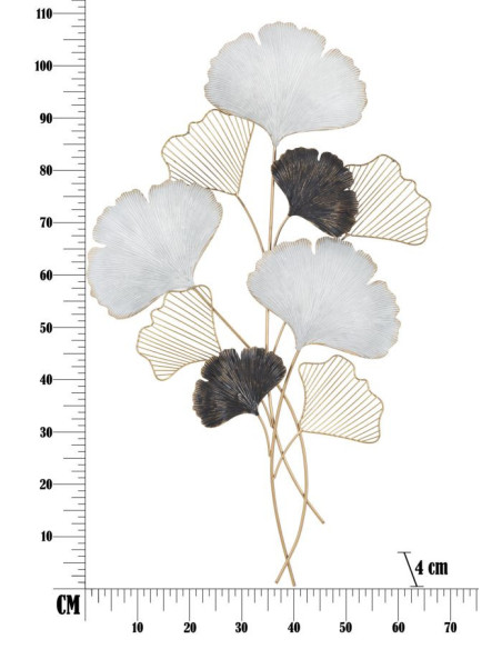 Grande Décoration murale moderne Feuilles de gingko 66x109 Métal Doré Noir Gris Ory 