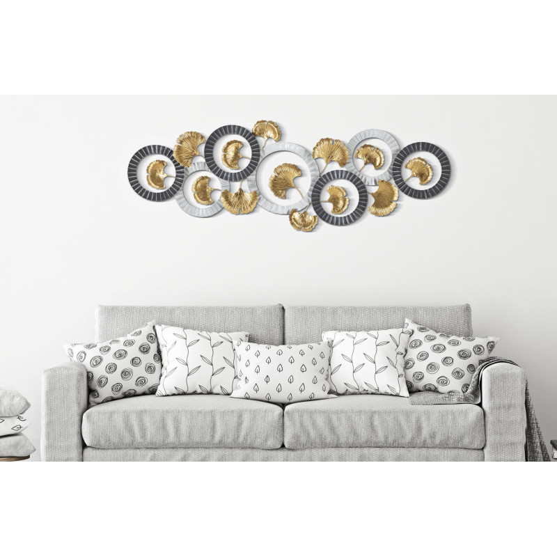 Grande Décoration murale moderne Feuilles de ginkgo 127x44 Métal Doré Gris Blanc crème Arty 