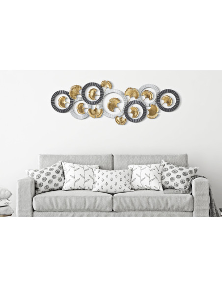 Grande Décoration murale moderne Feuilles de ginkgo 127x44 Métal Doré Gris Blanc crème Arty 