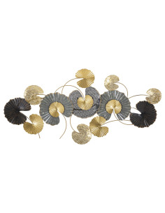 Grande Décoration murale moderne Feuilles de lotus 130x66 Métal Noir Gris Doré Web 