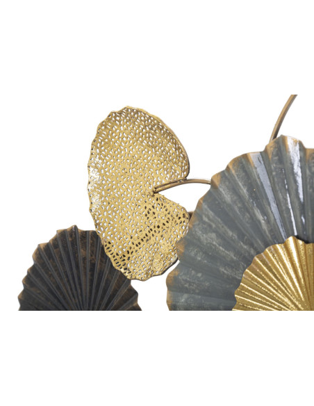 Grande Décoration murale moderne Feuilles de lotus 130x66 Métal Noir Gris Doré Web 
