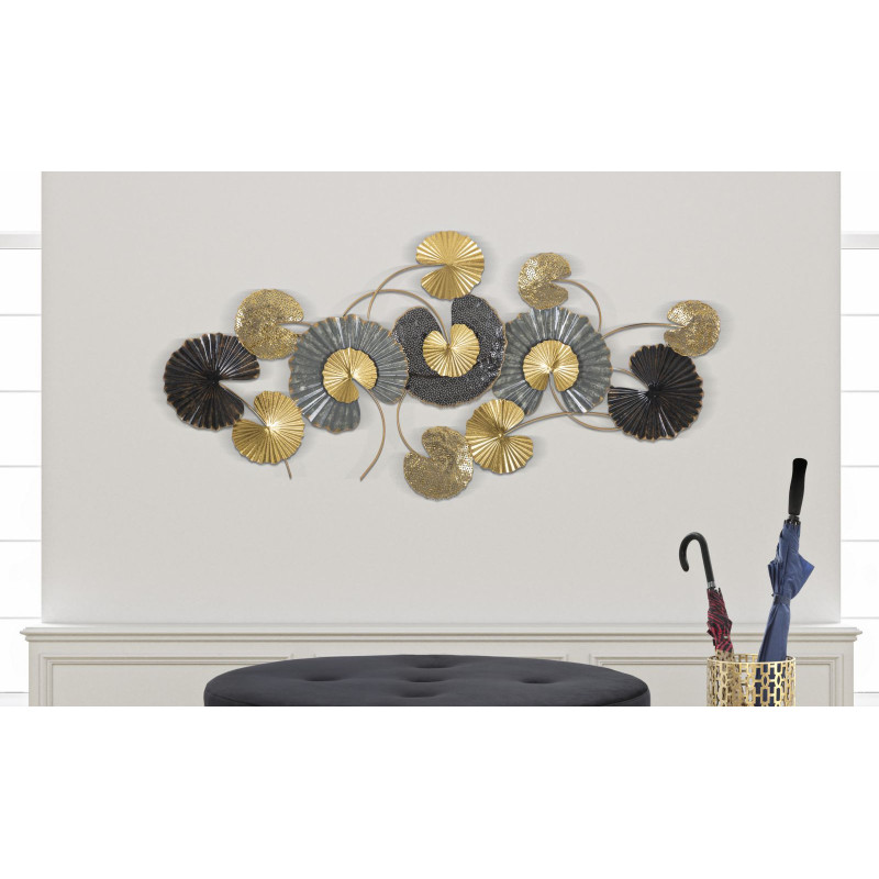 Grande Décoration murale moderne Feuilles de lotus 130x66 Métal Noir Gris Doré Web 