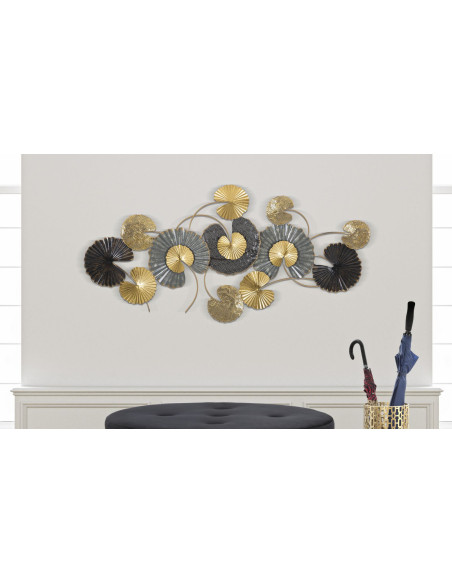 Grande Décoration murale moderne Feuilles de lotus 130x66 Métal Noir Gris Doré Web 