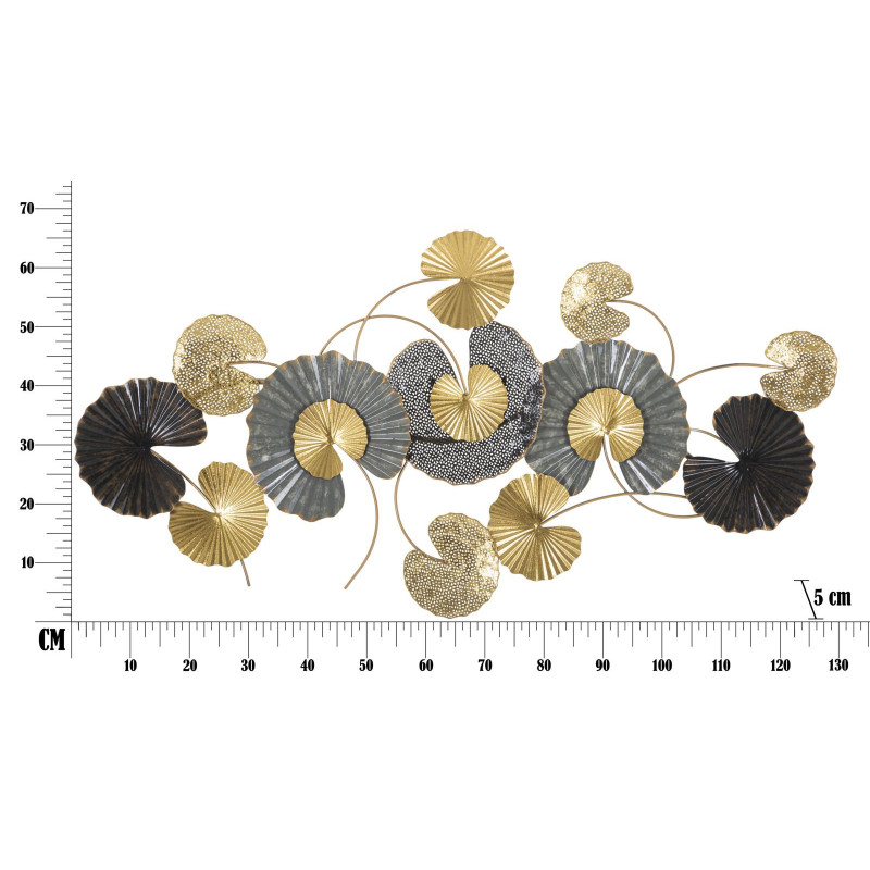 Grande Décoration murale moderne Feuilles de lotus 130x66 Métal Noir Gris Doré Web 