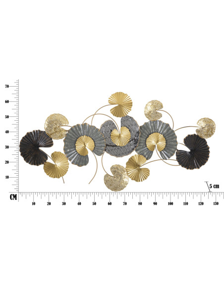 Grande Décoration murale moderne Feuilles de lotus 130x66 Métal Noir Gris Doré Web 