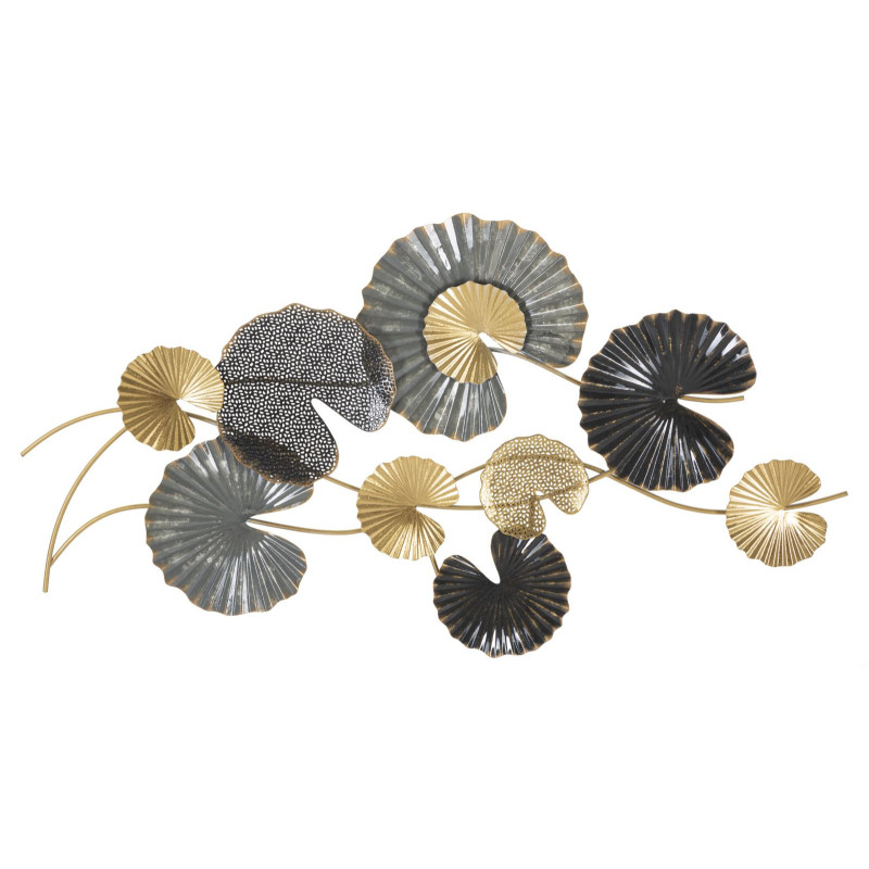 Grande Décoration murale moderne Feuilles de lotus 105x56 Métal Doré Noir Gris Web 