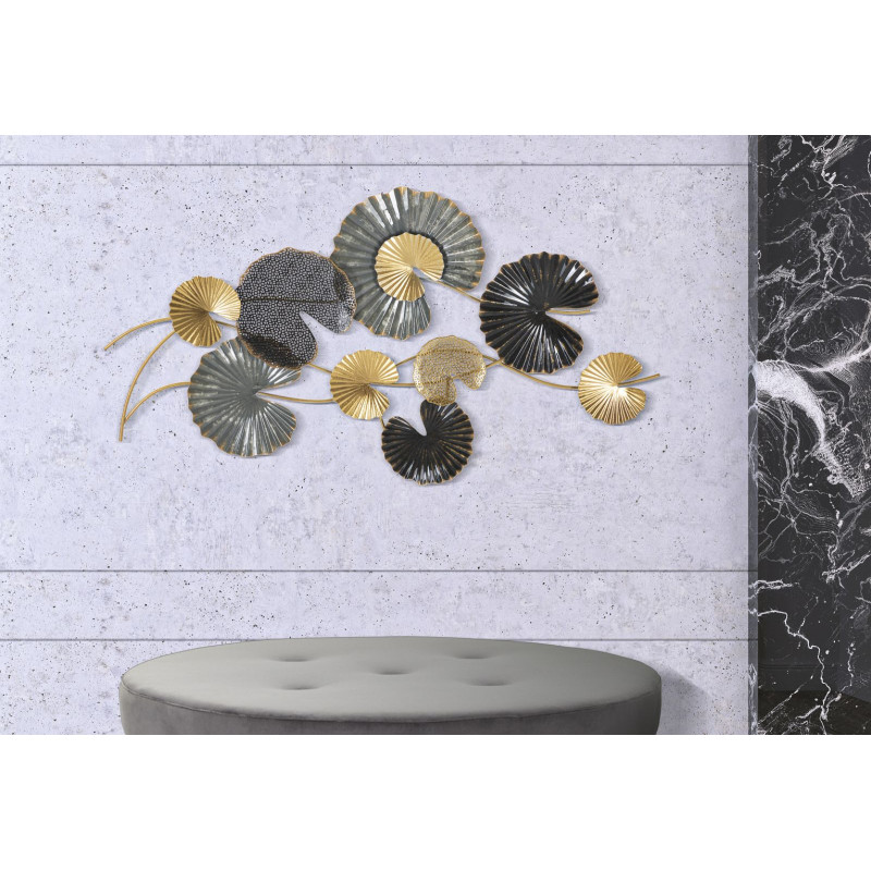 Grande Décoration murale moderne Feuilles de lotus 105x56 Métal Doré Noir Gris Web 
