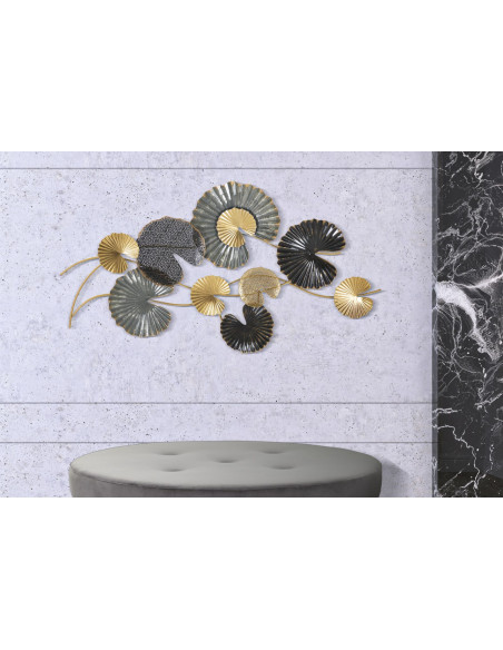 Grande Décoration murale moderne Feuilles de lotus 105x56 Métal Doré Noir Gris Web 
